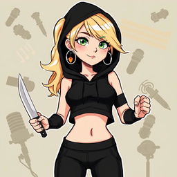 A cartoon depiction of a pretty blonde girl in her early 20s, wearing a black short sleeveless crop top, a black hood, and matching black yoga pants