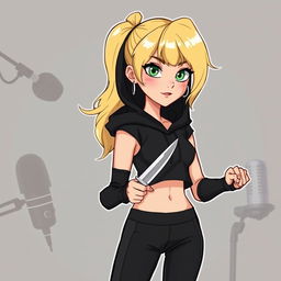 A cartoon depiction of a pretty blonde girl in her early 20s, wearing a black short sleeveless crop top, a black hood, and matching black yoga pants