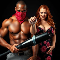 A close-up torso shot of two characters; a muscular African American man wearing a red bandana mask over his face, holding a large black baseball bat low in front of him