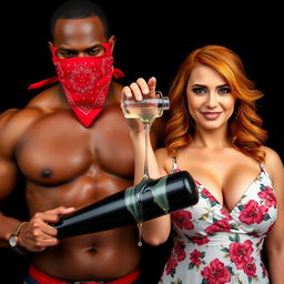 A close-up torso shot of two characters; a muscular African American man wearing a red bandana mask over his face, holding a large black baseball bat low in front of him