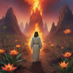 Jesus guiding the flame-augmented explorer to a bizarre, otherworldly landscape filled with luminous, ethereal plants and unique alien life-forms, thus introducing a vibrant and surreal dimension to the narrative.