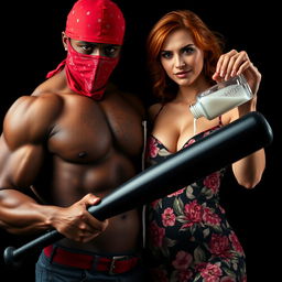 A close-up torso shot featuring two characters: a muscular African American man wearing a red bandana as a mask, confidently holding a large black baseball bat down low