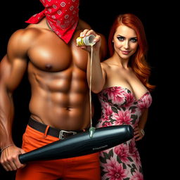 A close-up torso shot featuring two characters: a muscular African American man wearing a red bandana as a mask, confidently holding a large black baseball bat down low