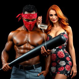 A close-up torso shot featuring two characters: a muscular African American man wearing a red bandana as a mask, confidently holding a large black baseball bat down low