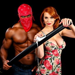A dynamic close-up torso shot of two characters