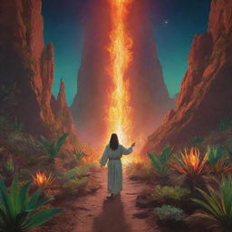 Jesus guiding the flame-augmented explorer to a bizarre, otherworldly landscape filled with luminous, ethereal plants and unique alien life-forms, thus introducing a vibrant and surreal dimension to the narrative.