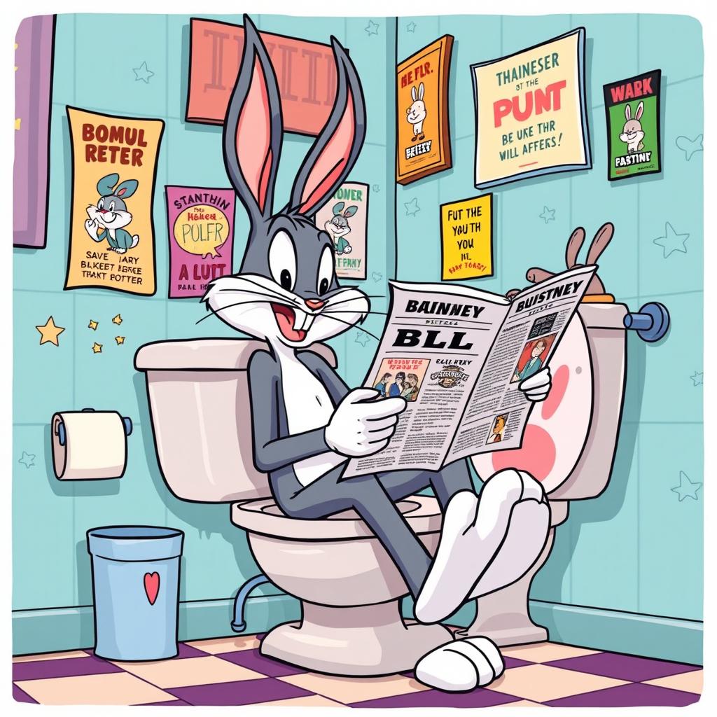 A cartoonish depiction of Bugs Bunny sitting on a toilet, looking relaxed while reading a newspaper