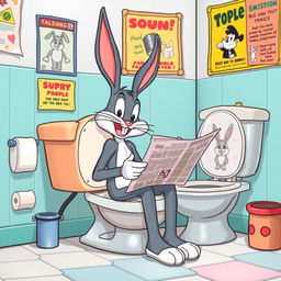 A cartoonish depiction of Bugs Bunny sitting on a toilet, looking relaxed while reading a newspaper