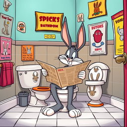 A cartoonish depiction of Bugs Bunny sitting on a toilet, looking relaxed while reading a newspaper