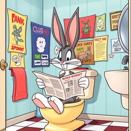 A cartoonish depiction of Bugs Bunny sitting on a toilet, looking relaxed while reading a newspaper