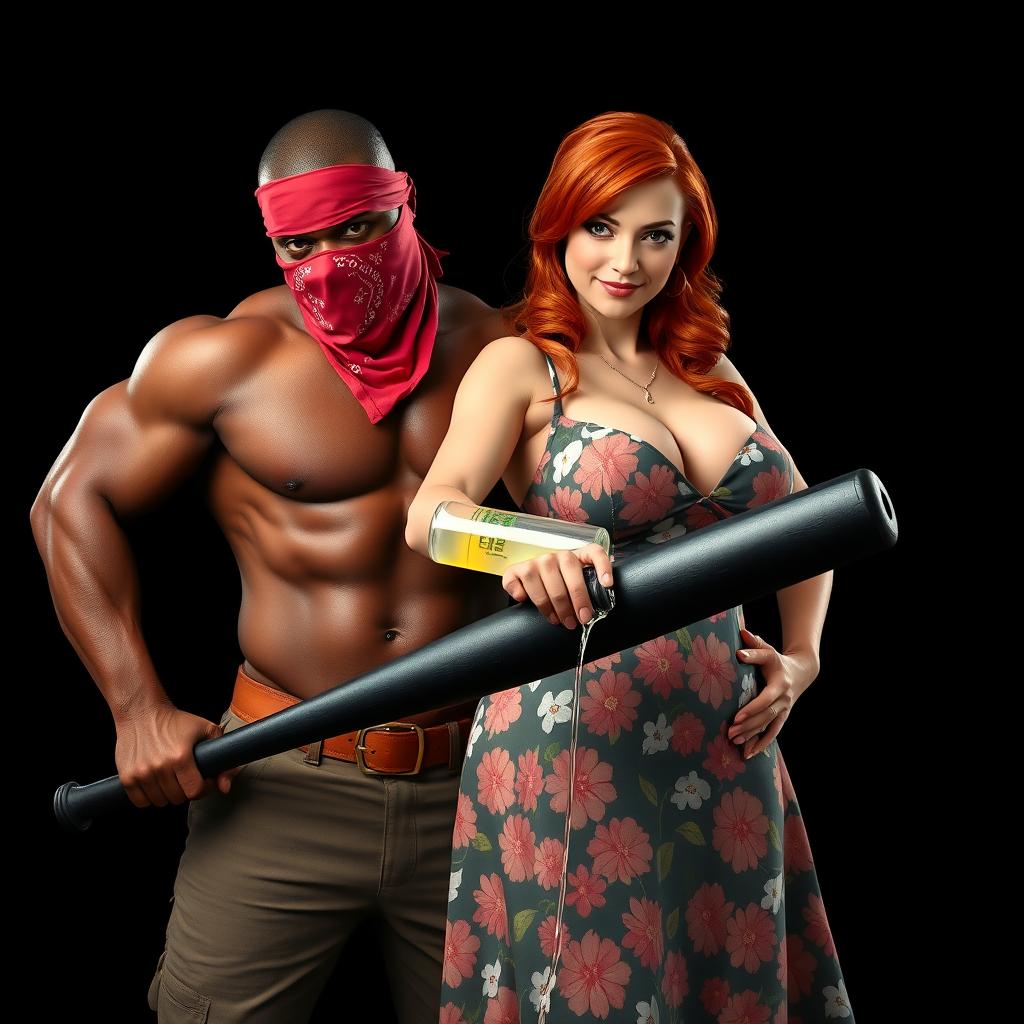 A close-up torso shot of two characters: on the left, a muscular African American male with a red bandana mask over his face, confidently holding a large black baseball bat low at his side