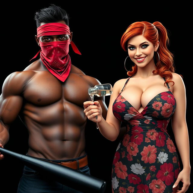 A close-up torso shot of two characters: on the left, a muscular African American male with a red bandana mask over his face, confidently holding a large black baseball bat low at his side