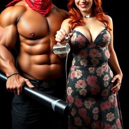 A close-up torso shot of two characters: on the left, a muscular African American male with a red bandana mask over his face, confidently holding a large black baseball bat low at his side