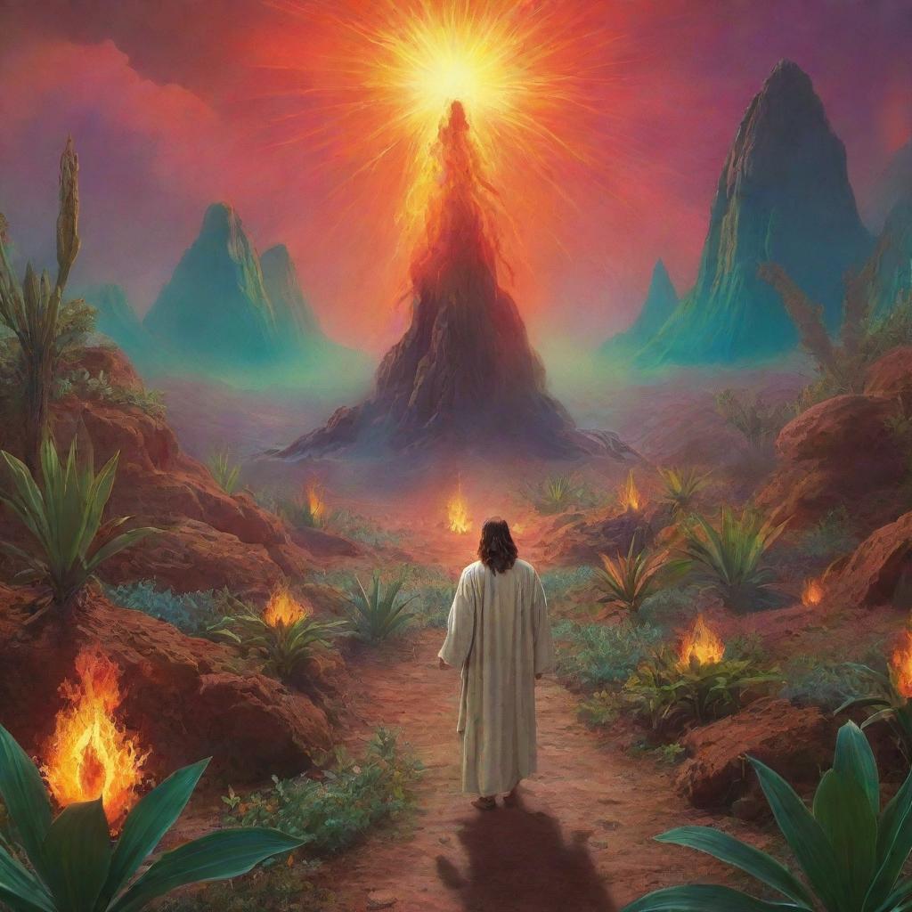 Jesus guiding the flame-augmented explorer to a bizarre, otherworldly landscape filled with luminous, ethereal plants and unique alien life-forms, thus introducing a vibrant and surreal dimension to the narrative.