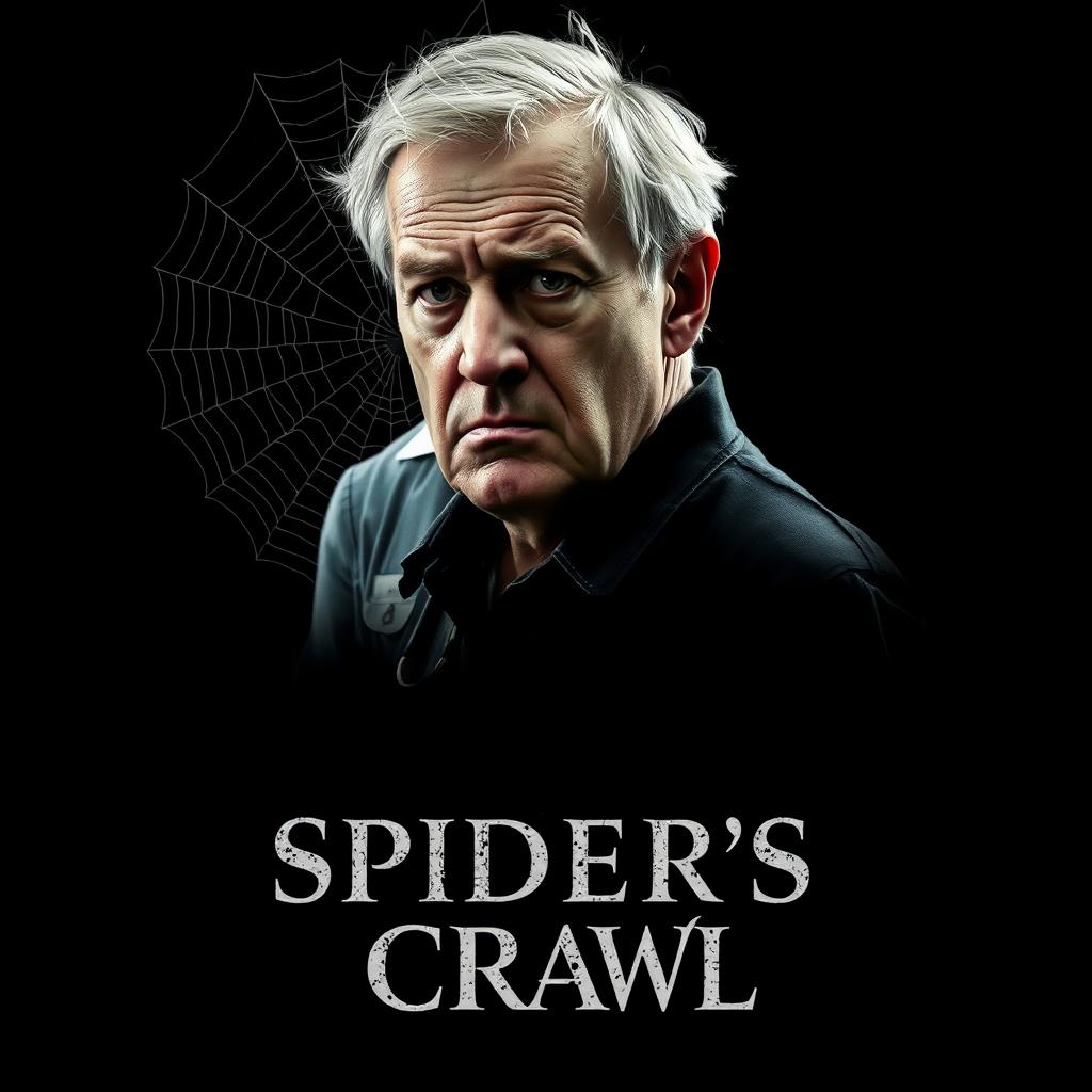 A dark movie poster featuring a black background with a single figure in the foreground: an older man with graying hair, looking fearful and anxious