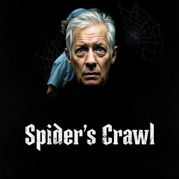 A dark movie poster featuring a black background with a single figure in the foreground: an older man with graying hair, looking fearful and anxious