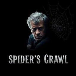 A dark movie poster featuring a black background with a single figure in the foreground: an older man with graying hair, looking fearful and anxious