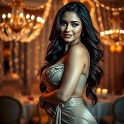 A glamorous and sultry model posing in an elegant evening gown that hugs her curves, showcasing a confident smile