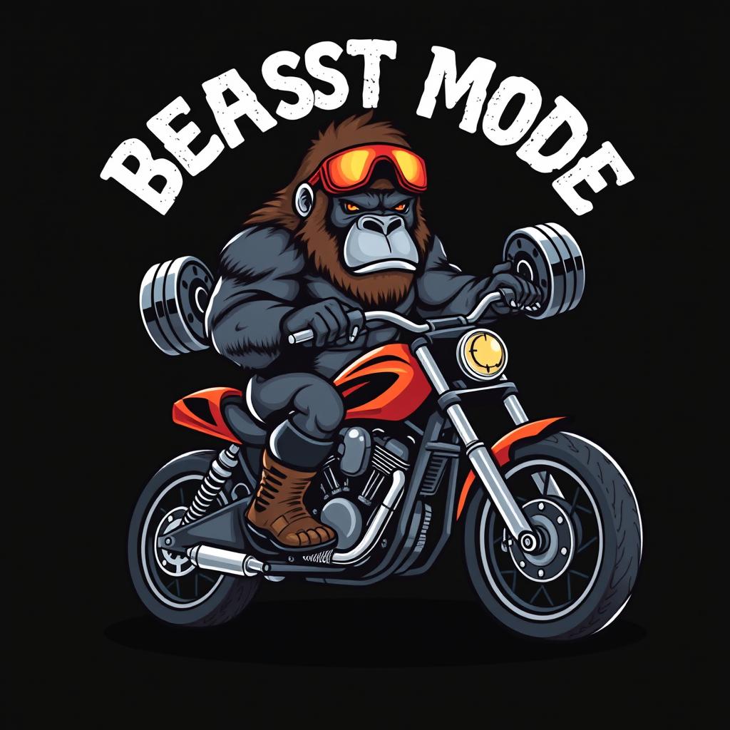 A striking image of a powerful gorilla dressed in biker gear, sitting confidently on a motorcycle while lifting a heavy barbell