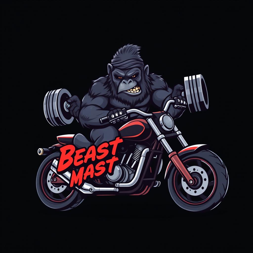 A striking image of a powerful gorilla dressed in biker gear, sitting confidently on a motorcycle while lifting a heavy barbell