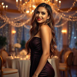 A glamorous and sultry model posing in an elegant evening gown that hugs her curves, showcasing a confident smile