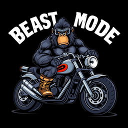 A striking image of a powerful gorilla dressed in biker gear, sitting confidently on a motorcycle while lifting a heavy barbell