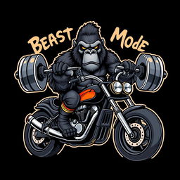 A striking image of a powerful gorilla dressed in biker gear, sitting confidently on a motorcycle while lifting a heavy barbell