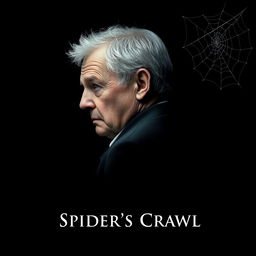 A dark movie poster featuring a black background, showcasing a single figure: an older man with graying hair, expressing a look of fear