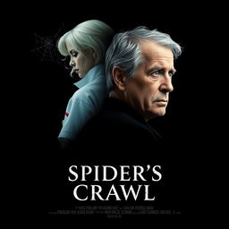 A dark movie poster featuring a black background, showcasing a single figure: an older man with graying hair, expressing a look of fear