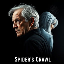 A dark movie poster featuring a black background, showcasing a single figure: an older man with graying hair, expressing a look of fear