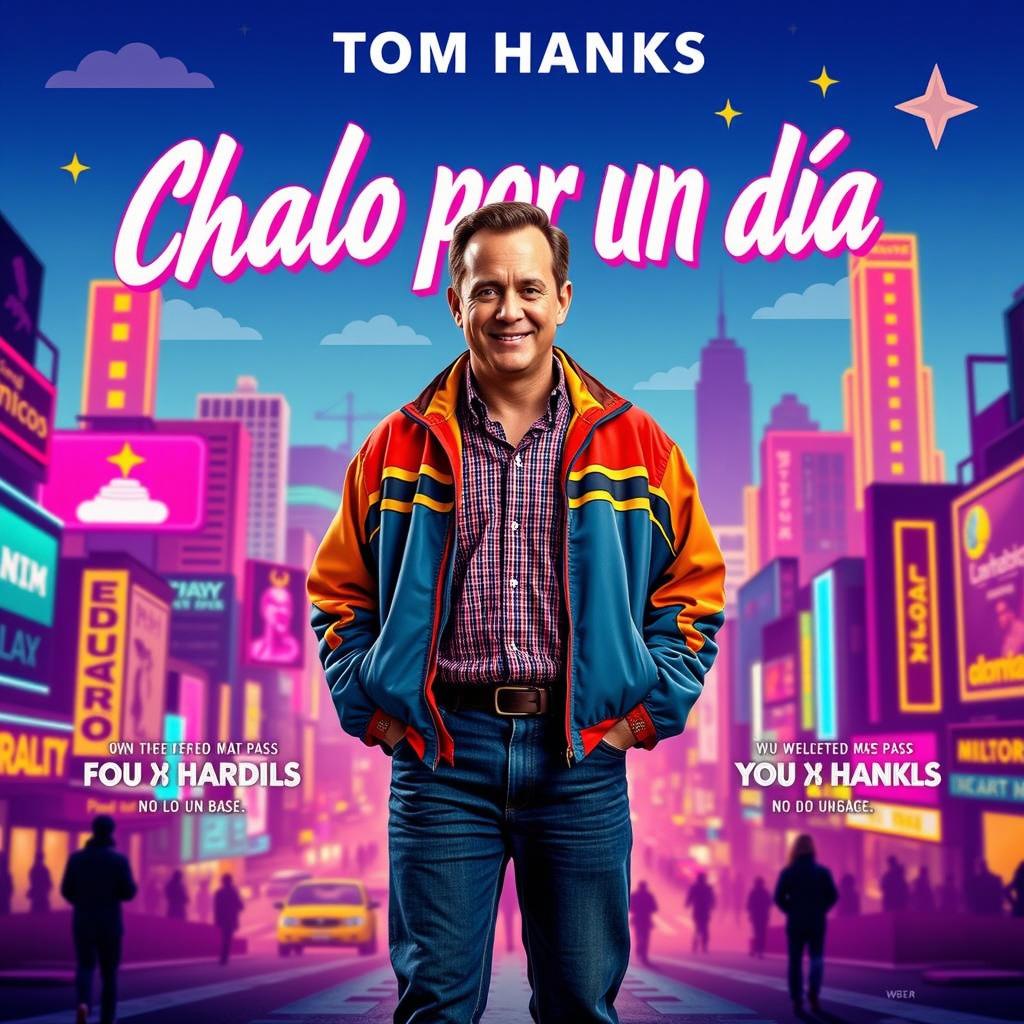 A vibrant movie poster featuring a charismatic man in a colorful retro jacket, standing confidently in a bustling cityscape filled with neon lights