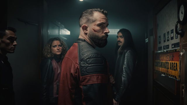 A chilling 90's horror movie poster featuring three characters; a rugged man with a well-groomed beard and a scar on his face, wearing a stylish red and black leather jacket, looking over his shoulder with a tense expression, revealing a dark and eerie hallway behind him