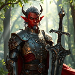 A male tiefling paladin with striking red skin and ashen gray hair, wearing shining, ornate armor adorned with holy symbols