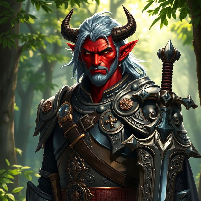 A male tiefling paladin with striking red skin and ashen gray hair, wearing shining, ornate armor adorned with holy symbols