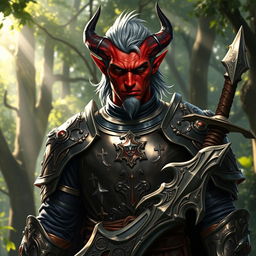 A male tiefling paladin with striking red skin and ashen gray hair, wearing shining, ornate armor adorned with holy symbols