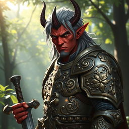 A male tiefling paladin with striking red skin and ashen gray hair, wearing shining, ornate armor adorned with holy symbols