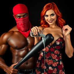 A close-up torso shot featuring two characters: a muscular African American man wearing a red bandana mask over his face, confidently holding a large black baseball bat low