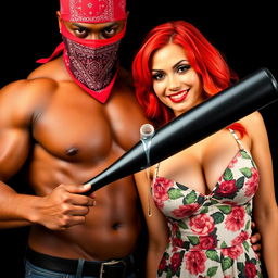 A close-up torso shot featuring two characters: a muscular African American man wearing a red bandana mask over his face, confidently holding a large black baseball bat low