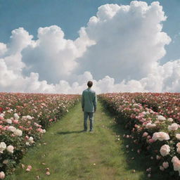 A serene image of a man standing in a formless heaven, surrounded by fluffy white clouds. His feet are firmly planted on a lush green grass, adorned with blooming roses.