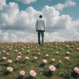 A serene image of a man standing in a formless heaven, surrounded by fluffy white clouds. His feet are firmly planted on a lush green grass, adorned with blooming roses.