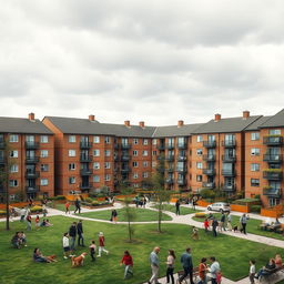 A realistic depiction of a council estate, featuring a collection of mid-20th century brick apartment buildings with a backdrop of grey skies