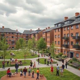 A realistic depiction of a council estate, featuring a collection of mid-20th century brick apartment buildings with a backdrop of grey skies