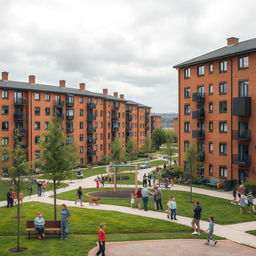 A realistic depiction of a council estate, featuring a collection of mid-20th century brick apartment buildings with a backdrop of grey skies