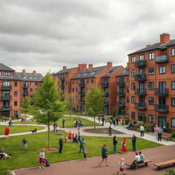 A realistic depiction of a council estate, featuring a collection of mid-20th century brick apartment buildings with a backdrop of grey skies