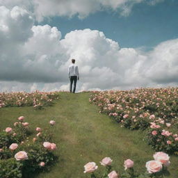 A serene image of a man standing in a formless heaven, surrounded by fluffy white clouds. His feet are firmly planted on a lush green grass, adorned with blooming roses.