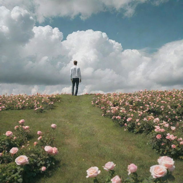 A serene image of a man standing in a formless heaven, surrounded by fluffy white clouds. His feet are firmly planted on a lush green grass, adorned with blooming roses.