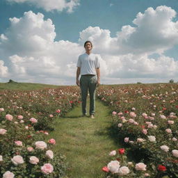 A serene image of a man standing in a formless heaven, surrounded by fluffy white clouds. His feet are firmly planted on a lush green grass, adorned with blooming roses.