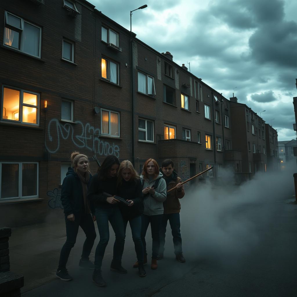 A chilling scene from a council estate horror film, showcasing an eerie, deserted apartment complex during the night