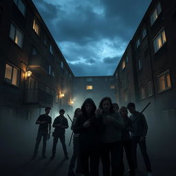 A chilling scene from a council estate horror film, showcasing an eerie, deserted apartment complex during the night