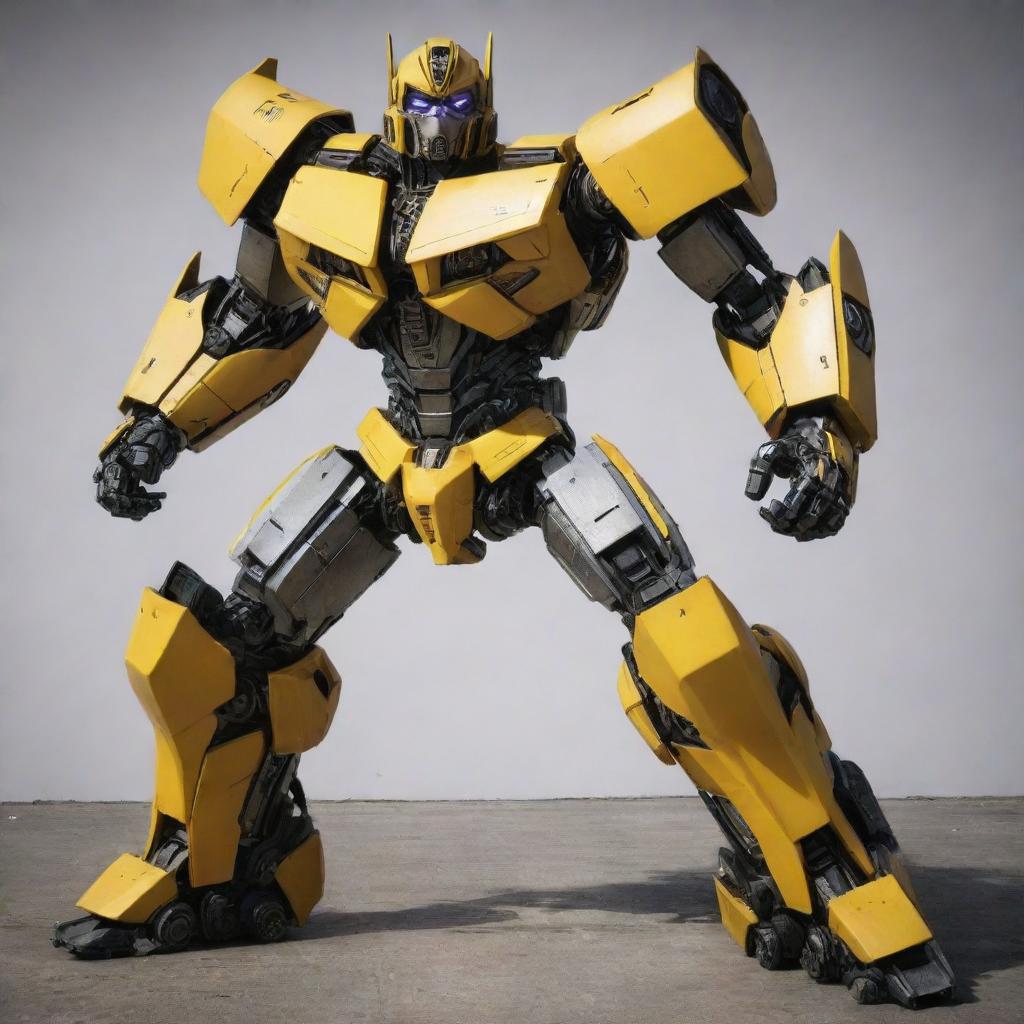 Transformers character Bumblebee, now sporting a change in color from his iconic yellow to a Deception-inspired scheme, bearing the Decepticon insignia rather than his usual Autobot sign.